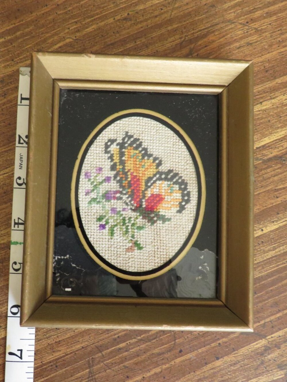 Vintage Butterfly Cross‑Stitch Art in Gold Frame –  Wall Decor, Handmade